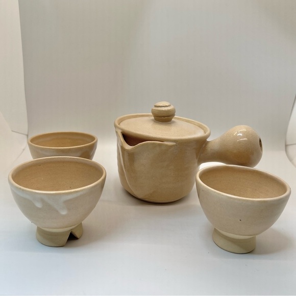 Vintage Hagi Ware Japanese Teapot and 3 Cups Handmade and Signed Studio Art - Picture 1 of 16